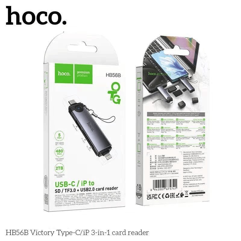 การ์ดรีดเดอร์ 3IN1 HOCO HB56B TYPE-C + IOS LIGHTNING อ่าน SD CARD, MICRO SD CARD, USB FLASH DRIVE รองรับ OTG ความเร็วสูง 5GBPS